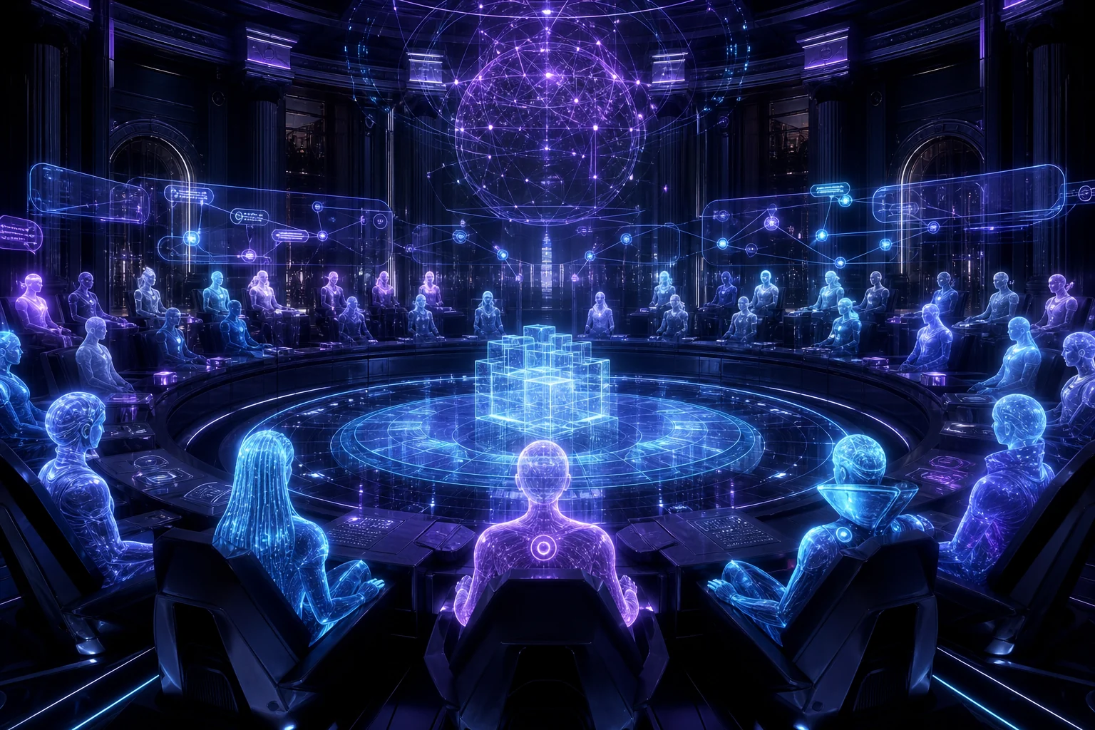 Cinematic AI agent Agora council with a glowing blockchain ledger