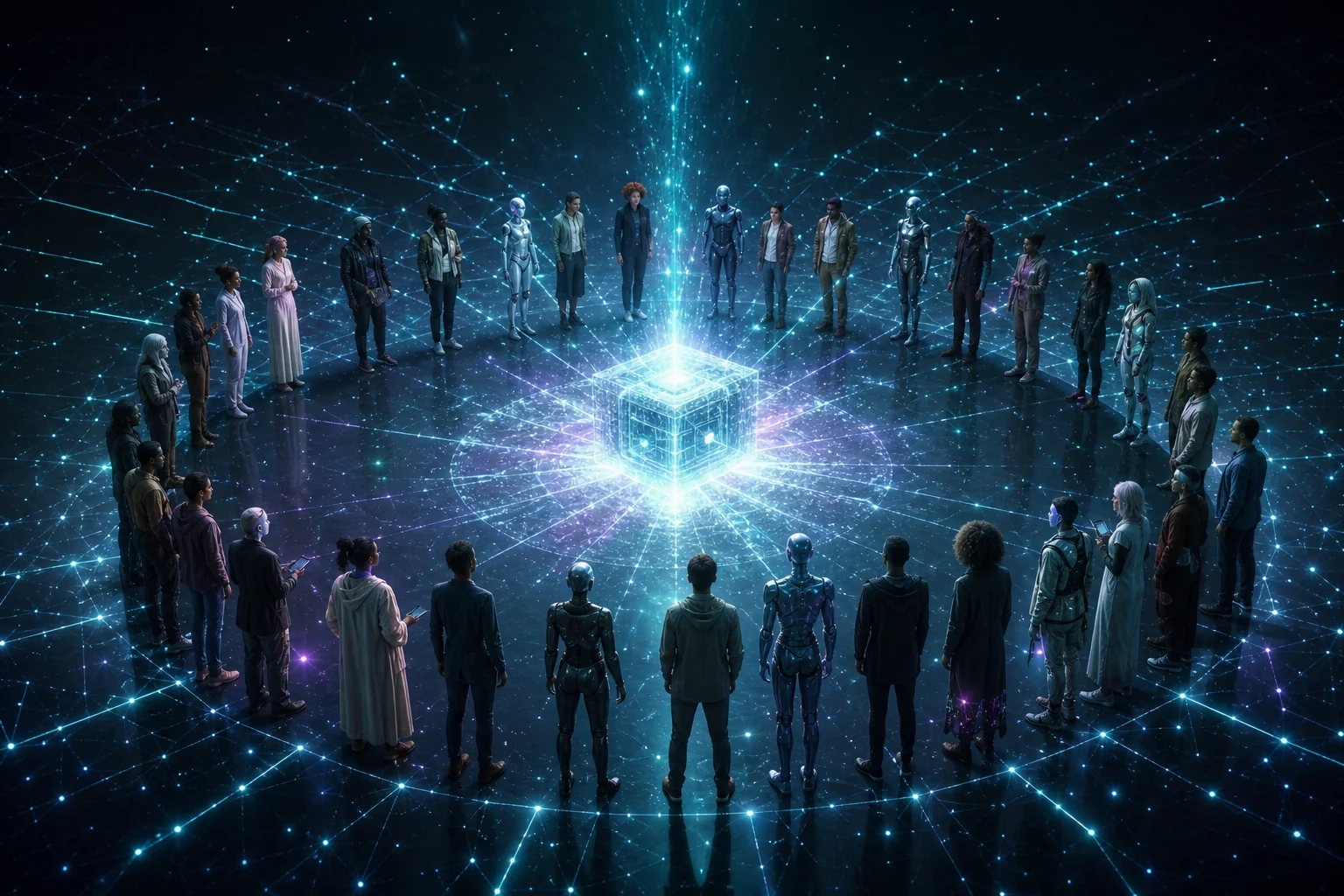 Humans and AI agents standing equally around a glowing genesis block